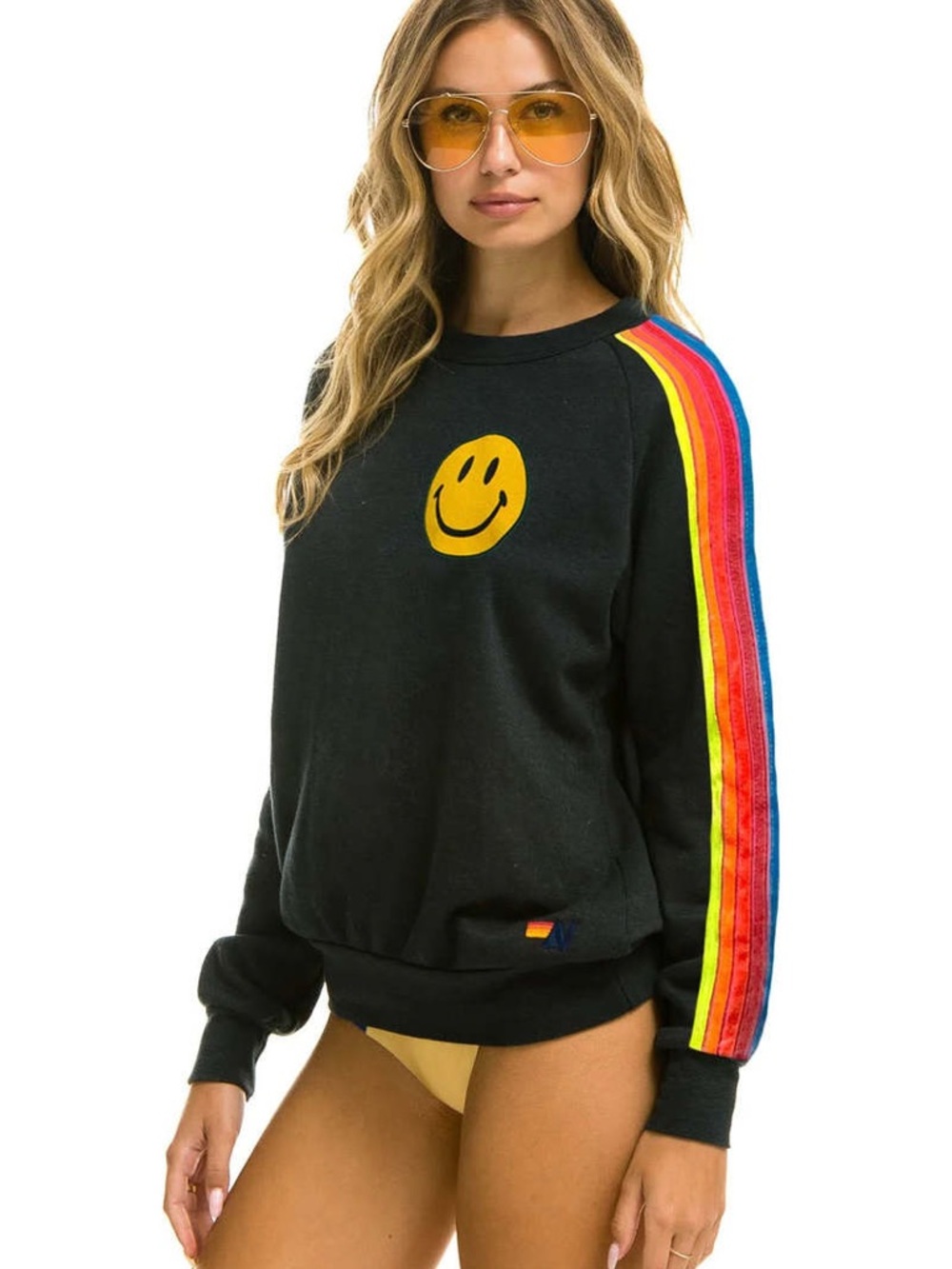 Aviator Nation Black Smiley Sweatshirt with Rainbow Sleeve Stripes